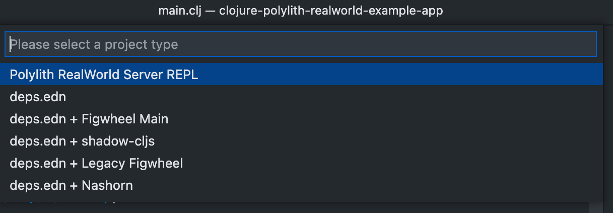 Select Polylith RealWorld REPL project